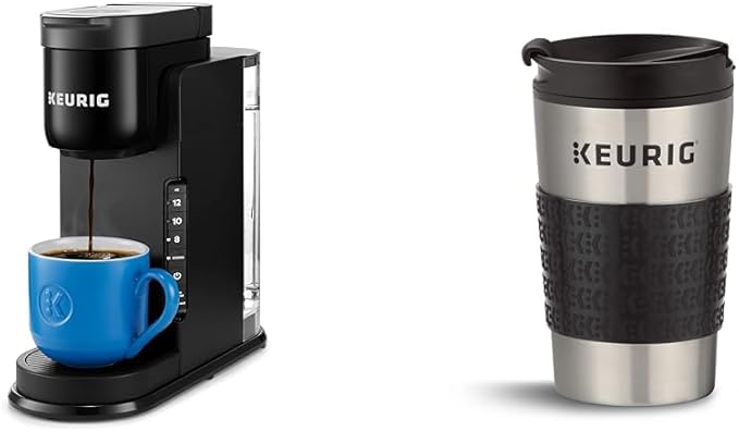 Keurig K-Express Coffee Maker Single Serve K-Cup Pod Coffee Brewer Black 12.8” L x 5.1” W x 12.6” H &amp Travel Mug Fits K-Cup Pod Coffee Maker 1 Count (Pack of 1) Stainless Steel