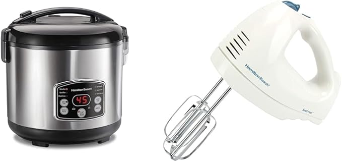 Hamilton Beach Digital Programmable Rice Cooker &amp Food Steamer 14 Cups Cooked (7 Uncooked) &amp 6-Speed Electric Hand Mixer with Whisk Traditional Beaters Snap-On Storage Case Wh