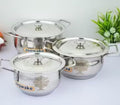 Stainless Steel Serving Pot with Lid | Patila/Bhagona/Handi Set – 3 Pieces (1500ml 1000ml 750ml) | Laser Design Lid with Knob | Multipurpose Cooking &amp Serving Cookware Set