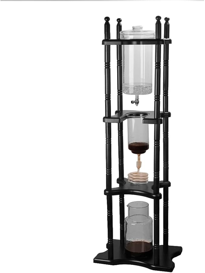 Ice Drip Coffee Maker 84.54 oz Retro Household Cold Brew Coffee Makers with Vertical Japanese Style Glass Container and Wood Stand Drip Coffee Pot for Commercial Office (Brown)