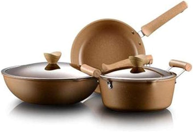 Saucepan Set - 3 Piece - Pans with Toughened Glass Lids and Heat-Resistant HandlesStock Pot 24CmFrying Pan 24CmWok 32CmEasy to CleanCan Be Used for Gas Induction Cooker
