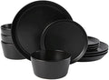 Stackable Design 12 Piece Elegant Stoneware Dinnerware Set For 4 Matte Glaze Finish | Unique Lipped Rim Design On Plates Microwave &amp Dishwasher Safe | Modern Luxury Appearance Matte Black Shade