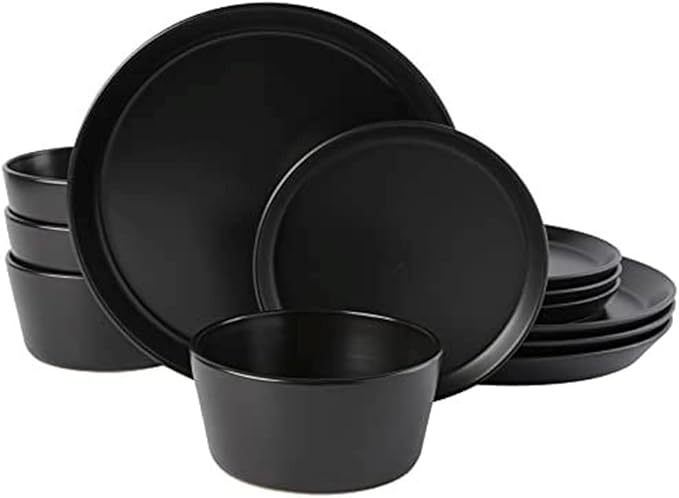 Stackable Design 12 Piece Elegant Stoneware Dinnerware Set For 4 Matte Glaze Finish | Unique Lipped Rim Design On Plates Microwave &amp Dishwasher Safe | Modern Luxury Appearance Matte Black Shade