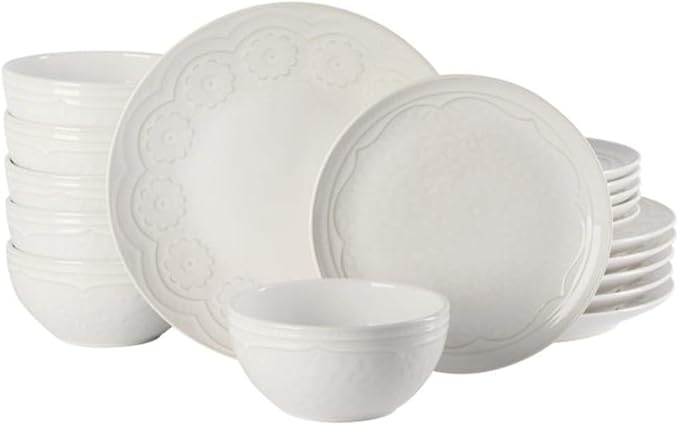Durable 18 Pieces Elegant Round Ceramic Dinnerware Set For 6 | Hand Painted Floral Emboss Reactive Glaze Design Linen White Color | Durable Dishwasher Oven Safe Pretty Smooth Textured | Stylish Look