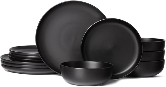 12-Piece Stoneware Dinnerware Set Black Matte Glaze Service for 4 Includes 10 Dinner Plates 7.5 Salad Plates 5.9 Cereal Bowls Microwave and Dishwasher Safe