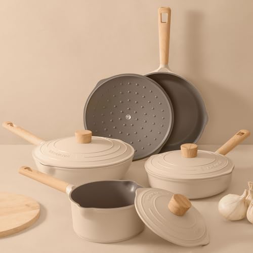 8Pcs Pots and Pans set Nonstick Cookware set Die-cast Aluminum cookware Kitchen Induction Pots and Pans cooking set Lid design PFOA-free Cream (ivory 8Pcs)