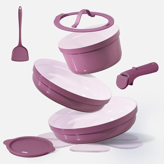CAROTE Ceramic Cookware SetPots and Pans set Non StickInduction Cookware Set with Removable HandleRV Kitchen Cooking SetNon-toxic Kitchen Cooking Set PFAS and PFOA FreePurple