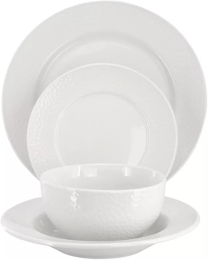16-Piece White Porcelain Dinnerware Set – Double Bowl Plates Microwave &amp Dishwasher Safe Textured Design Tableware for Elegant Dining