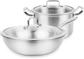 2 Pc Cookware SetDeluxe Quality Stainless SteelStock PotWokUncoated Non Stick Fry Panwith Tempered Glass CoverNon-Scalding Handle Suitable for Various Heat Sources Large Wok