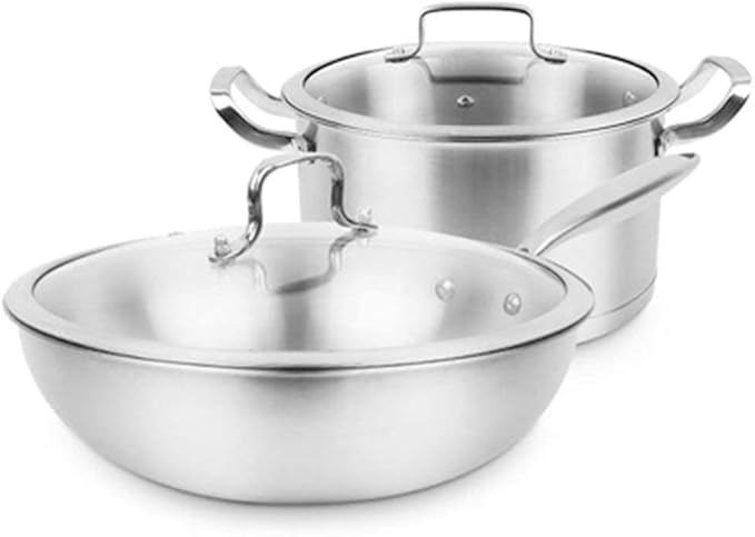 2 Pc Cookware SetDeluxe Quality Stainless SteelStock PotWokUncoated Non Stick Fry Panwith Tempered Glass CoverNon-Scalding Handle Suitable for Various Heat Sources Large Wok