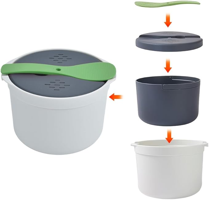 Microwave Rice Cooker 2L Microwavable Rice Steamer Pasta Cooker Non-stick Food Grade PP Rice Cookware Full Set with Lid Spatula and Strainer for Home Meal Prep Baking Noodle Vegetable (Green)