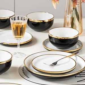 Stoneware Tableware Set for 4 Ceramic Dinnerware Sets with Gold Trim Including 10.5 Dinner Plates 7.75 Dessert Plates 6 Dinner Plates and 14oz Coffee Cups Porcelain (Black Glod)