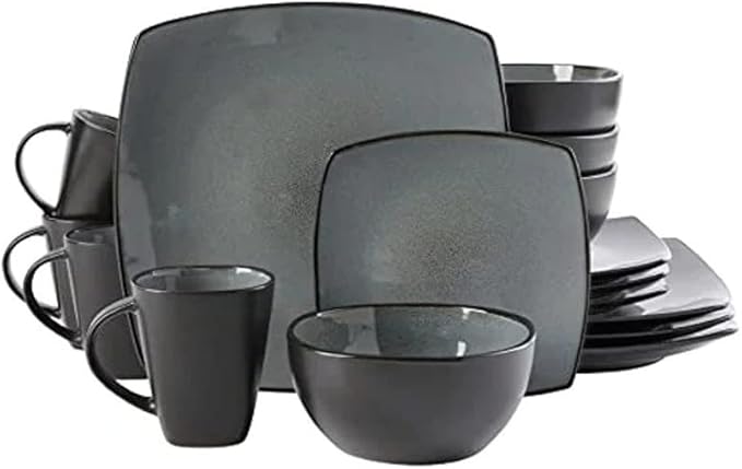 16 Piece Square Two-Tone Stoneware Dinnerware Set For 4 | Reactive Glaze FinishDishwasher &amp Microwave Safe Expertly Crafted | Perfect for Kitchen Dining Light Grey/Black Shade Modern Appearance