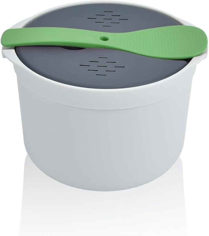Microwave Rice Cooker 2L Microwavable Rice Steamer Pasta Cooker Non-stick Food Grade PP Rice Cookware Full Set with Lid Spatula and Strainer for Home Meal Prep Baking Noodle Vegetable (Green)