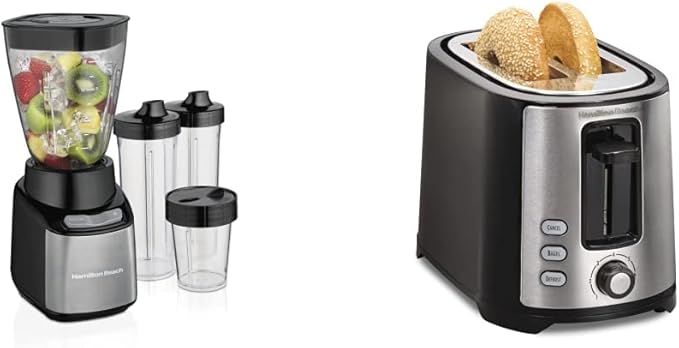 Hamilton Beach Stay or Go Blender with 32oz Jar 8oz Grinder Black and Silver (52400) &amp 2 Slice Extra Wide Slot Toaster with Shade Selector Toast Boost Auto Shutoff Black (22633)