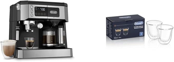 De'Longhi All-in-One Combination Coffee Maker &amp Espresso Machine + Advanced Adjustable Milk Frother &amp DeLonghi Double Walled Thermo Espresso Glasses Set of 2 Regular Clear