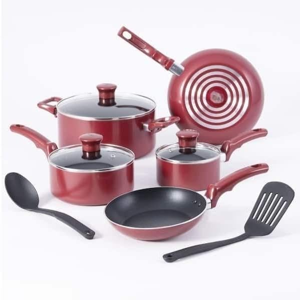 For Essentials Aluminum Non-Stick Pots and Pans Cookware 10 Piece Set Red