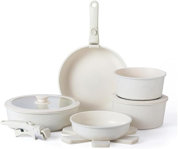 Pots and Pans Set Healthy Safe Ceramic Nonstick Kitchen Cookware with Soft Touch Removable Handle CookwareCream DiamondOne-Cream Rhombus-One
