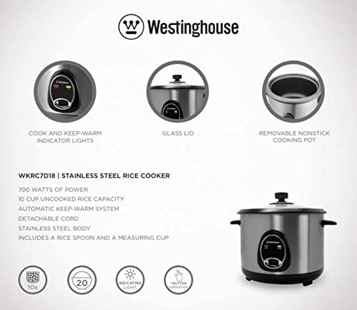 Westinghouse 220 Volt Rice Cooker 10 Cup Non Stick Cooking Pot Measuring Cup Keep Warm Function-Stainless Steel-700W (NOT FOR USE IN USA)