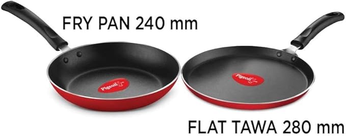 Pigeon Mio Nonstick Aluminium Cookware Gift Set 8 Pieces Includes Flat Tawa Fry Pan Kadai with Glass Lid Kitchen Tools Red Non Induction Base