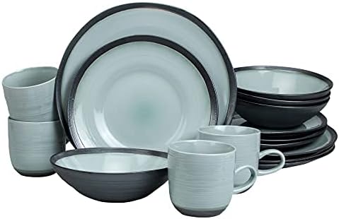 Euro Ceramica Euro Ceramica DIA-1001 Diana 16 Piece Modern Dinnerware Set Dinner Salad Plate Soup Bowl Mug Service for 4 Mint Green/Graphic Grey