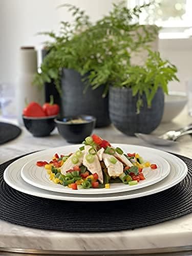 bzyoo 12 Piece White Melamine Dinnerware Set +12 Piece Ceramic Dinnerware Set Serive for 4 Porcelain Plates and Bowls for Dining Pearl White Dishes Set