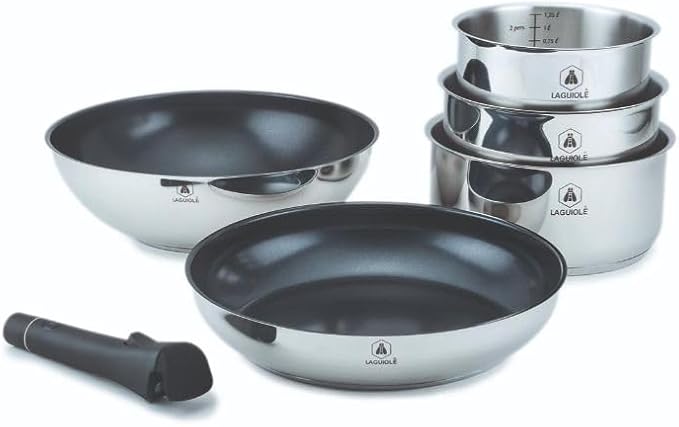 LAGUIOLE 6 Piece Stainless Steel Kitchen Set with Non-Stick Ceramic Coating Compatible with All Heat Sources Removable Handle Various Dimensions 16 x 7.5 cm Silver