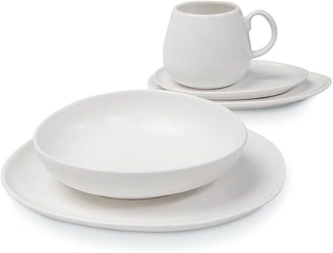 Artesa Ceramic Dinnerware Set White Matte 4-Piece Place Setting with 10.8 Dinner Plate 8.2 Bowl Cup and Saucer Handmade Microwave Safe