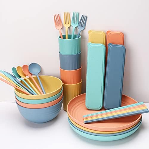 Wheat Straw Bowls Cups And Plates 32-Piece Cutlery Set Wheat Straw Dinnerware Sets 32 Piece Unbreakable Wheat Straw Dinnerware Sets Reusable Wheat Straw Plates And Bowls Sets (Multicolor)