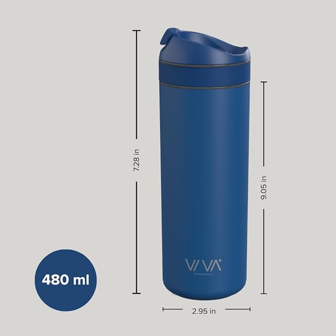 VIVA Recharge Blue Insulated Tea &amp Coffee Mug &amp Travel French Press Coffee Maker 16 oz Brew &amp Drink From the Same Coffee Mug On the Go or Camping