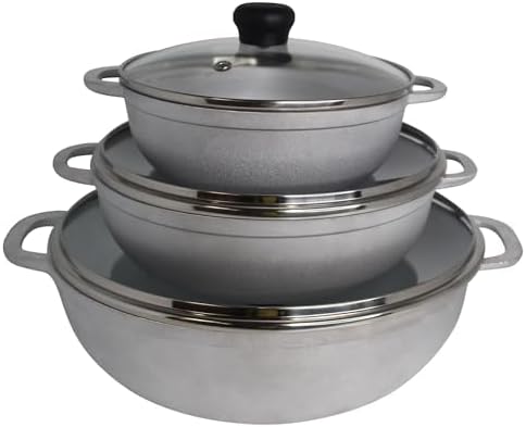 Cast Aluminum 3-Piece Cookware Set with Glass Lids 1.5qt 2.5qt 5.2qt (18cm 22cm 28cm)Non Stick Pot for Stew and Soup Cooking ﻿
