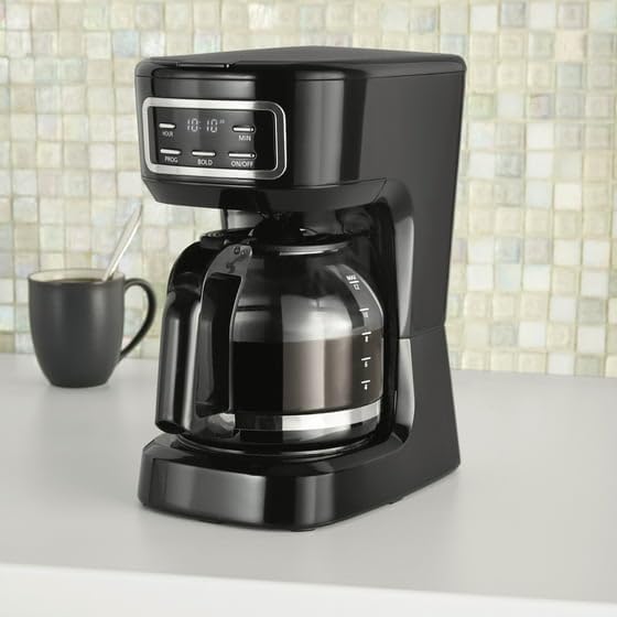M∽A∽I∽N + Stay*s 12-Cup Digital Coffee Maker Machine Programmable Black Glass Carafe LED Display Clock Bold Brew Option 1.8L Capacity Dishwasher Safe