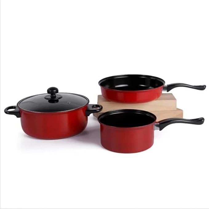 Pots and Pans Set 3 Piece Nonstick Cookware Set Milk Pot Stock Pot Frying Pan with 1 Glass Lid Iron Cooking Pot Set Pots and Pans Sets Non Stick