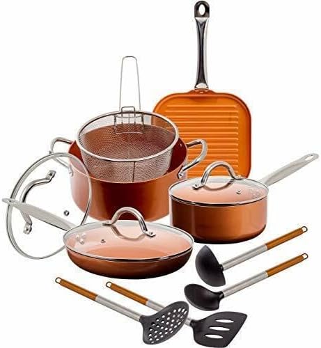 For 12 Piece Copper Ceramic Nonstick Cookware Set Fry Sauce Pan Casserole Fryer I...