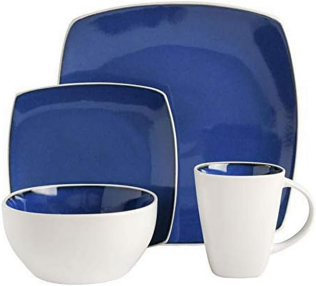 16 Piece Stoneware Dinnerware Set – Spiral Embossed Reactive Glaze Plates Bowls &amp Mugs – Microwave &amp Dishwasher Safe Rustic Farmhouse Dishes Service for 4 (Blue)
