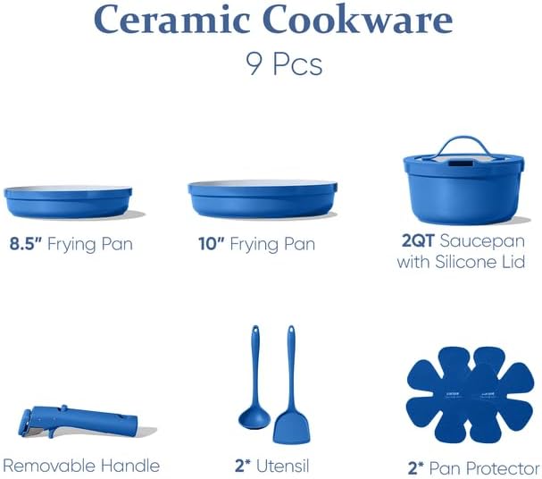 CAROTE 9pcs Pots and Pans SetCeramic Cookware Sets Non Stick with Detachable Handle Induction Kitchen Pots and PansRV Cooking Set Oven/Dishwasher/Fridge Safe Malta Blue