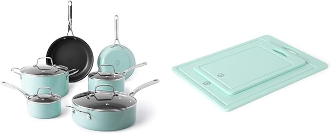 Martha Stewart Lockton Premium Nonstick 10 Piece Enamel Aluminum Pots and Pans Cookware Set + Martha Stewart BPA Free Plastic Cutting Board (16 x 12 and 12 x 8) - Martha Blue