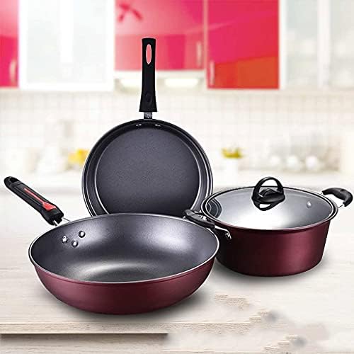 3Pcs Kitchen Cookware Set Non- Stick Cookware Frying Pan Cooking Pot &amp Pan Saucepan with Glass lid Home