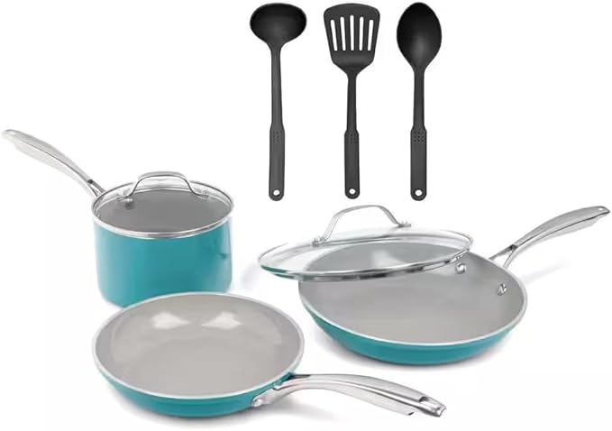 For 8-Piece Aluminum Ceramic Coating Nonstick Cookware Set in Aqua Blue