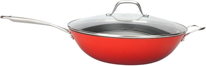 LAGUIOLE Cast Iron Wok 32 x 9 cm Red - Optimum Heat Retention Lightweight Durable Non-Stick Elegant Design All Heat Sources Induction 100% Cast Iron 5L Red