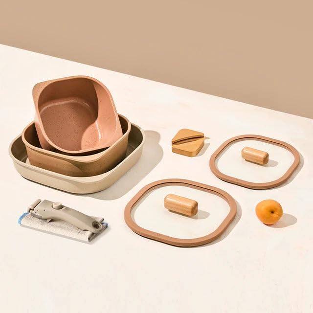 FIKA Objet Comfort 7-Piece Kitchen Nonstick Healthy Cooking Cookware Set with Lid Detachable Handle Induction Compatible All-in-One Kitcheware Easy to Store Great Gift Made in Korea (TERRACOTTA)