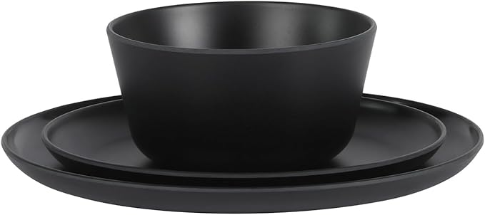 12 Piece Melamine Round Dinnerware Set Matte Green Durable Everyday Dish Set for Indoor &amp Outdoor Dining (Black)