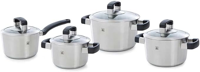BK Conical Cool Glas Stainless Steel Induction 4-Piece Cookware Set with Lid Oven and Roasting Safe up to 230C Dishwasher Safe Stay-Cool Handles PFAS-Free Silver