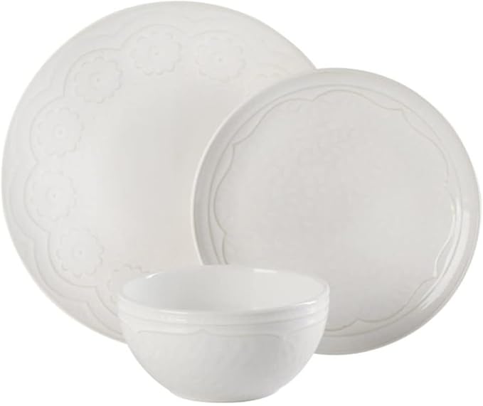 Durable 18 Pieces Elegant Round Ceramic Dinnerware Set For 6 | Hand Painted Floral Emboss Reactive Glaze Design Linen White Color | Durable Dishwasher Oven Safe Pretty Smooth Textured | Stylish Look