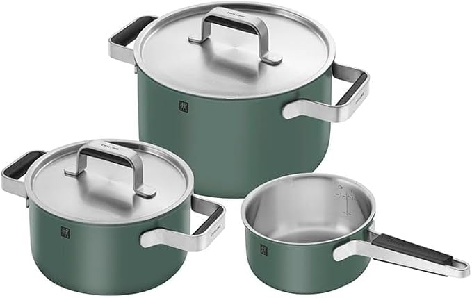 ZWILLING Pure Cookware Green Set of 3 3Ply Stainless Steel Coloured Ceramic Outer Coating Stay Cool Handles Dishwasher Safe