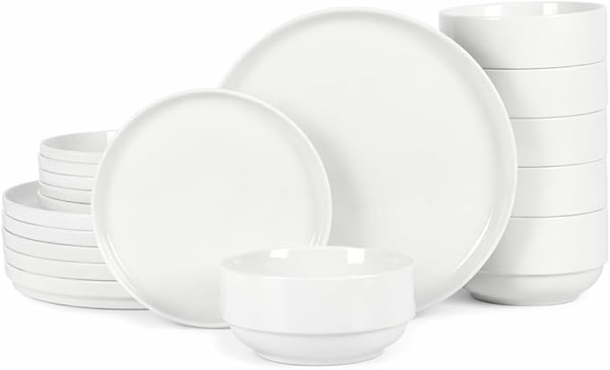 Gibson Home Rothernberg 18-Piece Stackable Porcelain Dinnerware Set Service for 6 – White Plates and Bowls Microwave &amp Dishwasher Safe