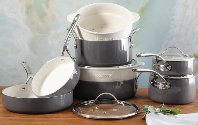 Bloomhouse 12 Piece Aluminum Pots and Pans Cookware Set w/Non-toxic Ceramic Non-stick Ceramic Steamer Insert &amp 12 Protective Care Bags - Stone Grey