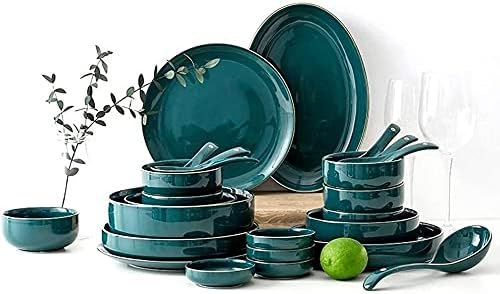 Ceramic Dinner Sets Bowl/Dish/Spoon|Green Gold Rim Pattern Dinnerware Set Nordic Minimalist Style Porcelain Combination