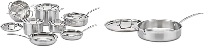 Cuisinart 12 Piece Cookware Set MultiClad Pro Triple Ply Silver MCP-12N and MCP33-30HN MultiClad Pro Triple Ply 5.5-Quart Saute Skillet Sauté Pan w/Helper &amp Cover