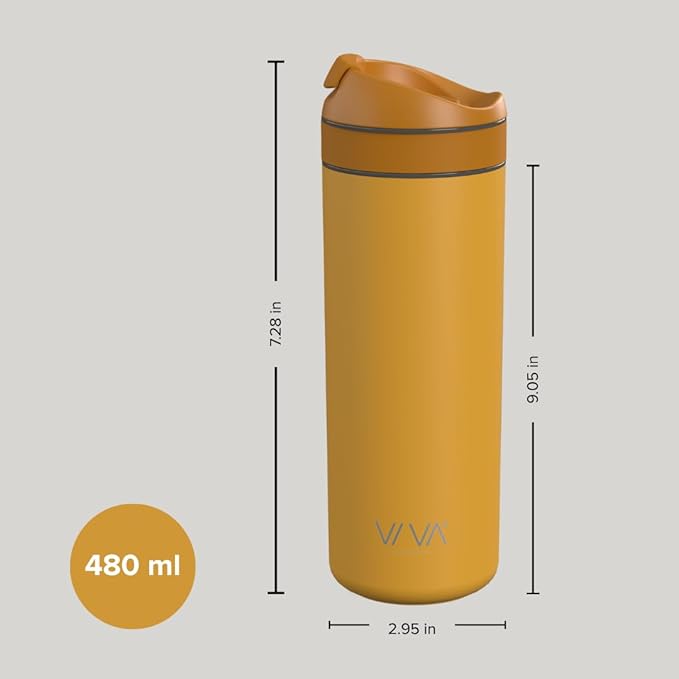 VIVA Recharge Mustard Insulated Tea &amp Coffee Mug &amp Travel French Press Coffee Maker 16 oz Brew &amp Drink From the Same Coffee Mug On the Go or Camping